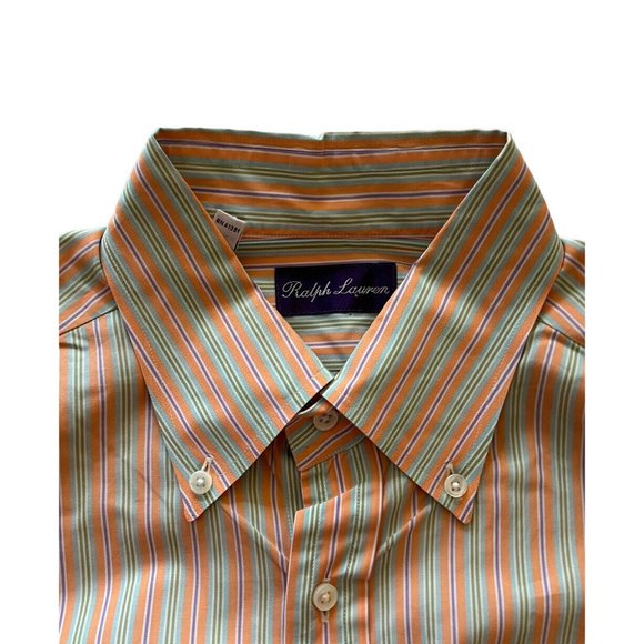 Ralph Lauren Purple Label Mens Button Down Dress Shirt Orange Striped Italy Sz L - Picture 3 of 5